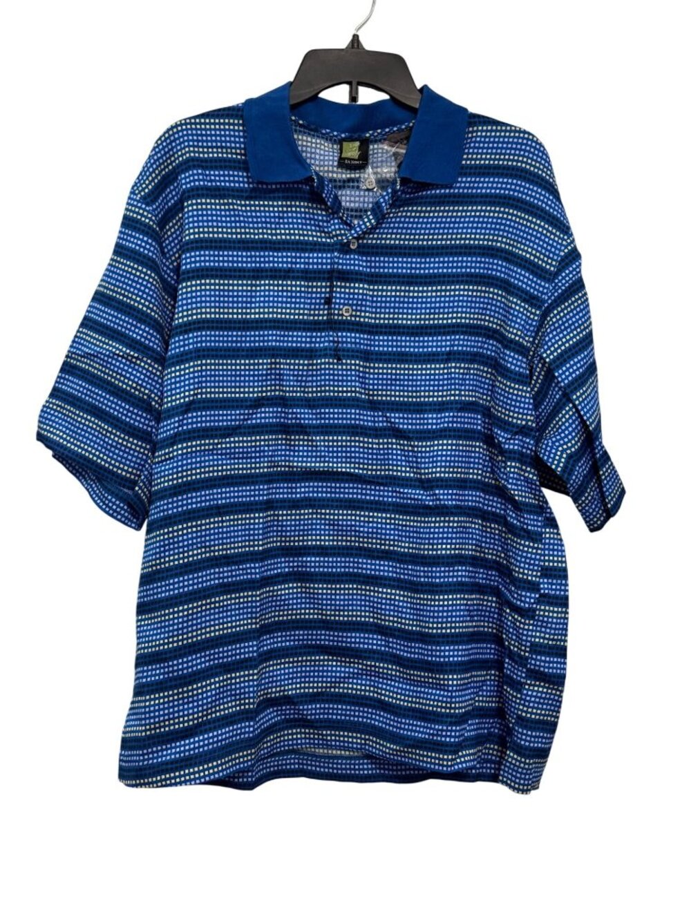 Saxony Blue Striped Silk Blend Polo Shirt L Short Sleeve Button-Up Lightweight